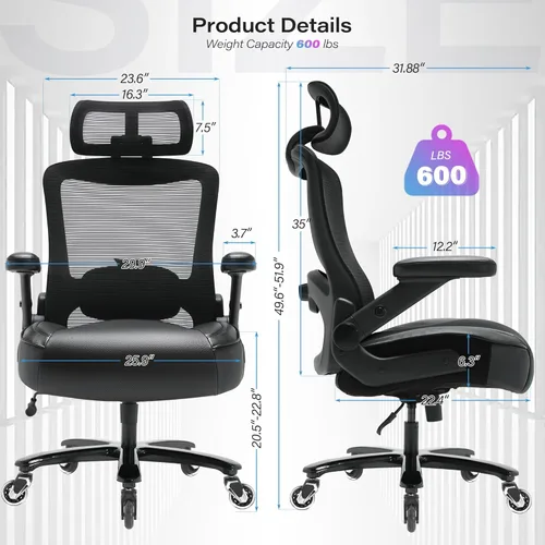 Miniatura 3 de Silla de oficina grande y alta, 600 libras con brazos abatibles 3D, reposacabezas ajustables, ruedas grandes resistentes, silla de escritorio Brazo