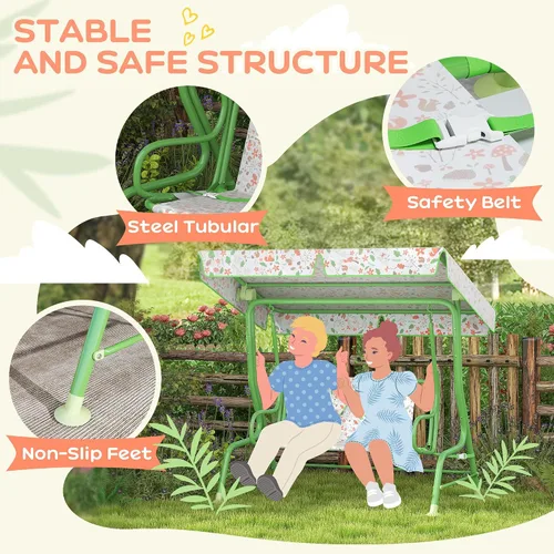 Miniatura 3 de Qaba Columpio de patio para niños, 2 plazas para porche al aire libre con toldo ajustable, cinturón de seguridad, banco colgante con patrón de zorro