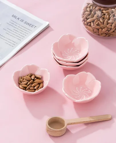 Miniatura 4 de Jusalpha Juego de 5 piezas de plato de salsa de cerámica con diseño de flores de cerezo rosa, plato de condimentos, tazón para sushi con salsa
