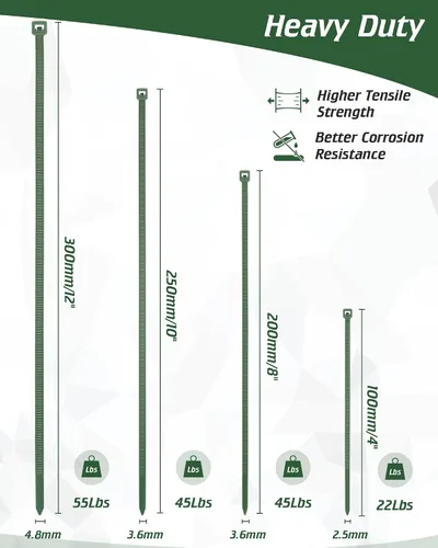 Miniatura 5 de PA66 - Bridas verdes para cables, 200 piezas de 12+10+8+4 pulgadas con resistencia de 22 a 55 libras, bridas de nailon autoblocantes premium