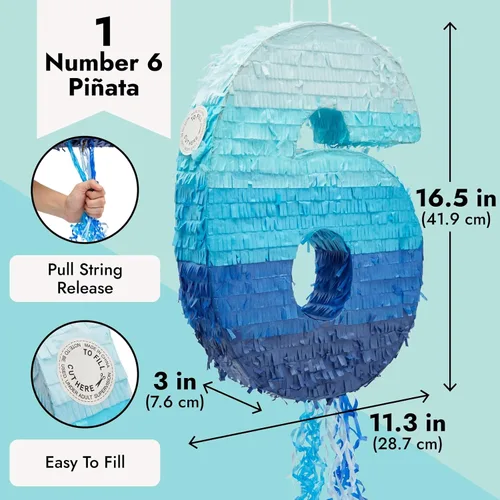 Miniatura 3 de BLUE PANDA Cuerda de 6 piñatas – Azul degradado 16.5 x 11.3 x 3 pulgadas – Piñata número 6 para decoraciones de cumpleaños y decoración de fiestas