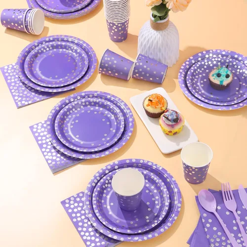 Miniatura 7 de Decoraciones de Fiesta Moradas, 168 Piezas Platos y Servilletas Morados Suministros para Fiestas, Platos de Cumpleaños Lavanda Sirve para 24