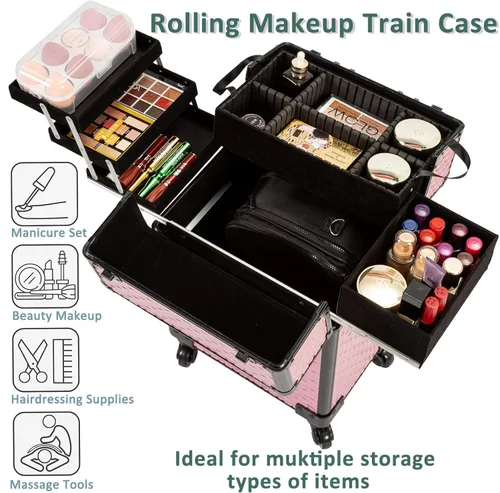 Miniatura 2 de AROUS Estuche de tren de maquillaje rodante con 4 bandejas de riel deslizantes, capa media extraíble, llave, ruedas giratorias, marco de aluminio