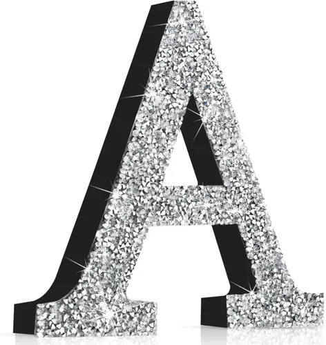 Miniatura 77 de Qunclay Letras brillantes de cristal plateado de 5.7 pulgadas, decoración de diamantes triturados, letra de madera con purpurina con tornillo