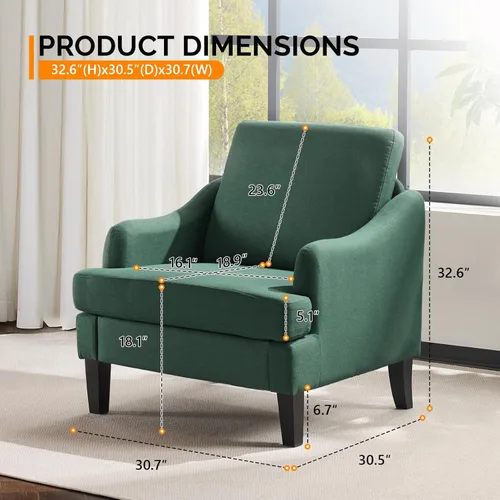 Miniatura 2 de VINGLI Juego de 2 sillas decorativas de tela de lino, sillón tapizado moderno verde, cómodo sofá, sala de estar, dormitorio, muebles para apartamento