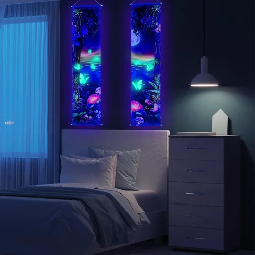 Miniatura 7 de Tiamon 2 Piezas Decoración de Pared Arte con Luz Negra Tapiz Psicodélico Luz Negra Tapiz Reactivo UV Póster Banner Estético Colgante para Habitación