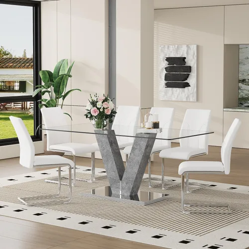 Miniatura 21 de Juego de mesa de comedor de cristal moderno de 71 pulgadas para 6, juego de mesa de comedor de 7 piezas con sillas y mesa de vidrio templado
