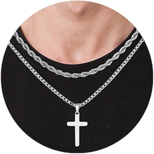 Ursteel Cross Necklace for Men, Stainless Steel Silver Black Gold Layered Rope Chain Cross Pendant Necklace Simple Jewelry Gifts Chain Necklace for