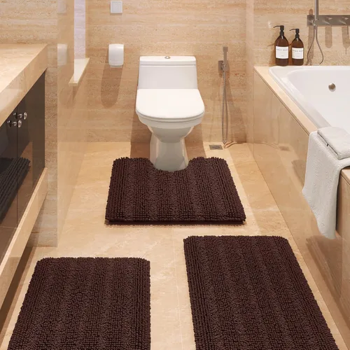 Miniatura 31 de ACCUMTEK - Juego de alfombras de baño a rayas beige de 3 piezas, ultrasuaves, antideslizantes de chenilla, alfombras de baño mullidas y absorbentes