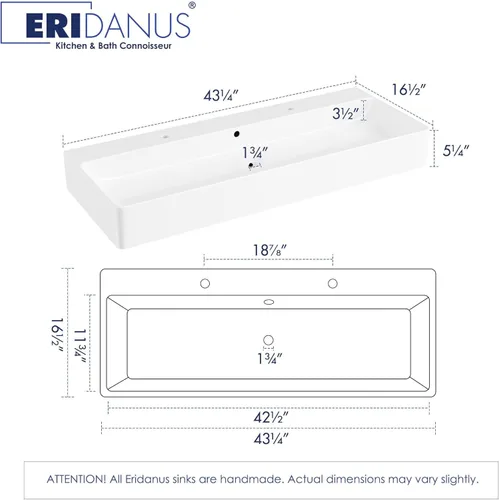 Miniatura 2 de Eridanus Lavabo de Baño Rectangular 43" x 16", Lavabo Vasija de Cerámica Vítrea de Dos Orificios, Montaje en Encimera y Pared, Lavabo Flotante