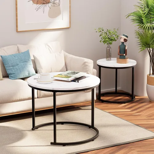 Miniatura 8 de aboxoo Juego de 2 mesas de centro redondas anidadas, mesa auxiliar para sala de estar, dormitorio, balcón, mesa de acento de madera con marco