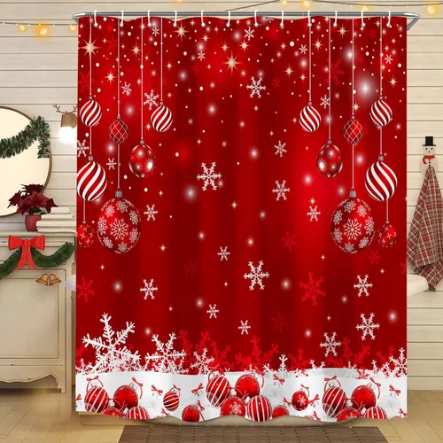 Miniatura 10 de Cortina de ducha de muñeco de nieve de Navidad, bola de Navidad roja, bonita cortina de ducha de muñeco de nieve de invierno, decoración navideña