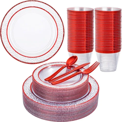 Miniatura 14 de Ciaell 350 platos de plástico color oro rosa, platos desechables de oro rosa transparente con cubiertos de plástico que incluyen 100 platos, 150