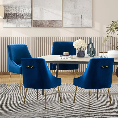 Miniatura 6 de Juego de 2 sillas de comedor de terciopelo, sillas de comedor tapizadas con patas de metal dorado pulido, sillas auxiliares de cocina de granja, Azul