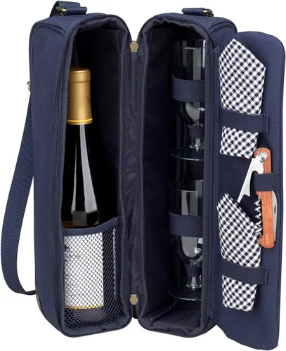 Miniatura 8 de Picnic at Ascot Bolsa de vino aislada con 2 copas de vino, servilletas y sacacorchos, diseñada y montada en los Estados Unidos Azul enrejado