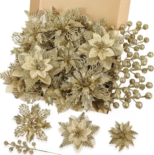 Miniatura 11 de N&T NIETING - Kit de 24 piezas de flores artificiales de Pascua y tallos con bayas y purpurina para Navidad, adornos florales para árbol de Navidad