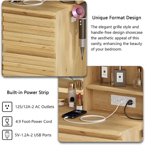 Miniatura 4 de Escritorio estriado con espejo y luces HD, mesa de tocador de maquillaje de madera con 4 cajones y estantes abiertos, juego de tocador de mediados