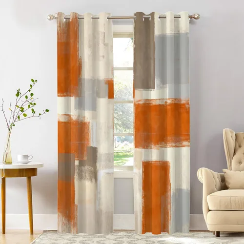 Miniatura 138 de Shrahala Beige and Orange Abstract Art Brushstrokes Blackout Curtain Tiers, Abstract Oil Paint Kitchen Valance Light Blocking Tier Drapes with Rod