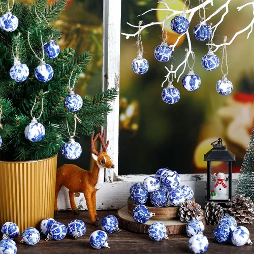 Miniatura 2 de Preboun 48 Piezas Adornos de Bolas Navideñas Chinoiserie Azul y Blanco Decoración de Árbol Chinoiserie Adornos Colgantes para Árbol de Navidad