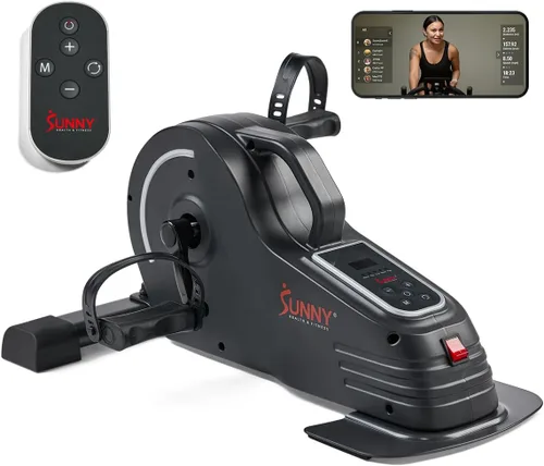 Sunny Health & Fitness Smart Motorized 2-in-1 Pedal Exerciser, Indoor Compact Under-Desk Mini Bike for Low-Impact Cardio Workout and Physical Gris
