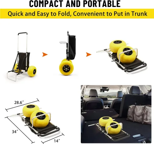 Miniatura 7 de Carrito de Pesca para Playa, Ruedas de Globo Grandes de 13" con Neumáticos Sólidos de PU Sin Pinchazos para Arena, Carrito de Arena Plegable