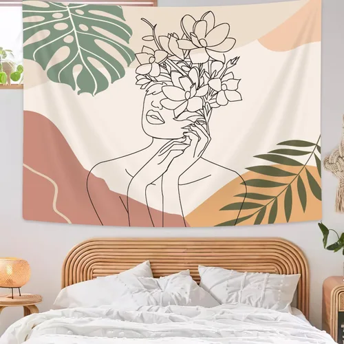 SAOLUIS Tapiz de pared de línea bohemia, líneas minimalistas, decoración artística abstracta para mujer, moderno abstracto con cara de mujer, tapiz