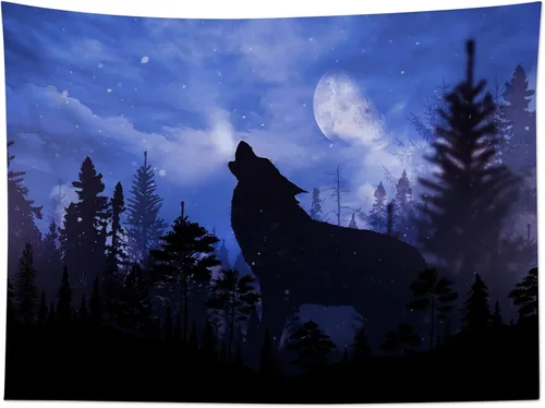 Miniatura 27 de HVEST Tapiz de pared de lobo para colgar en la pared, tapiz de animales salvajes, lobos aullidos en tapices nevados, escena de nieve de invierno