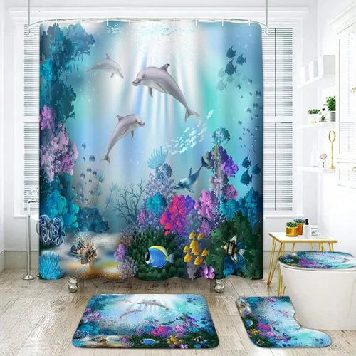 Miniatura 8 de Yddsky Juego de 4 cortinas de ducha con diseño de delfín oceánico azul con alfombras, cubierta de tapa de inodoro y tapete de baño, cortinas