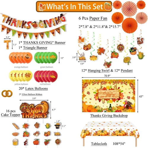 Miniatura 2 de Decoraciones de fiesta temática de Acción de Gracias, pancarta de hoja de arce, mantel de telón de fondo de calabaza de pavo, abanicos de papel