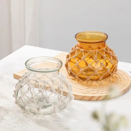 Miniatura 7 de Hollyone Jarrón de vidrio ámbar con cubierta de cuerda de algodón, jarrón redondo de vidrio tejido, botella de flores decorativa, jarrón moderno