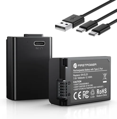 FirstPower Batería EN-EL25 EN-EL25a, paquete de 2 unidades de 1600 mAh con carga rápida USB-C, compatible con Nikon ZFC, Z30, Z50 cámara y cargador
