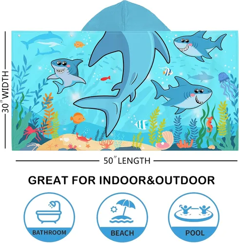Miniatura 6 de Bonsai Tree Toalla de playa con capucha de tiburón para niños, toalla de baño con capucha de peces marinos frescos para niños, divertidos animales