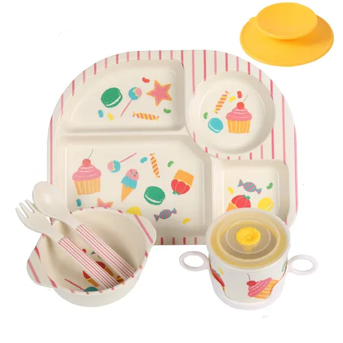 Miniatura 13 de shopwithgreen - Juego de 7 piezas de bambú para niños - Vajilla para niños - Plato, tazón, taza, cuchara, tenedor, vajilla para comida, vajilla