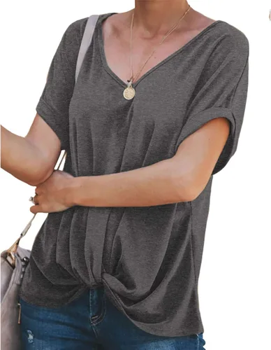 Miniatura 4 de Bofell Camisetas de manga corta enrolladas con cuello en V para mujer, blusas de verano con nudo frontal