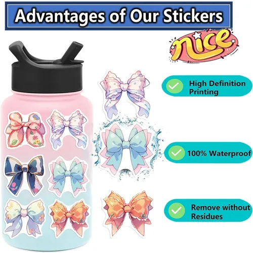 Miniatura 3 de Calcomanías estéticas de lazos para niñas, 50 calcomanías vintage de anime con nudo de lazo, vinilo impermeable con lazos rosas para botella
