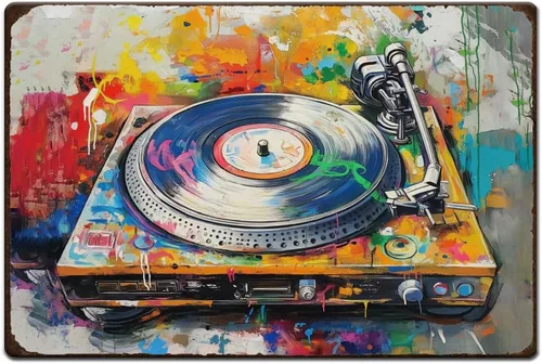 SUPERDANT Letreros de metal retro para tocadiscos, temática musical, letreros coloridos de hojalata vintage, arte de pared vintage, decoración retro