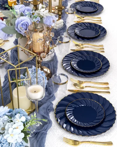 Miniatura 7 de YOUBET Paquete de 50 Platos de Plástico Azul Festoneados - Platos Desechables Azul Marino de 10.25 Pulgadas con Borde Dorado - Plato de Cena Vintage