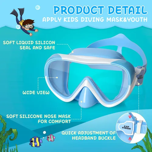 Miniatura 4 de Máscara de natación para niños, máscara de buceo de esnórquel de 180°, gafas de natación antivaho para niños con cubierta para la nariz, gafas