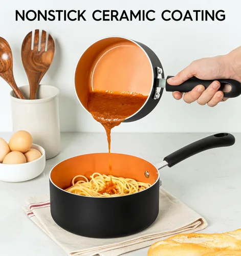 Miniatura 3 de MICHELANGELO Cacerola antiadherente con tapa de 1QT, 2QT y 3QT, juego de cacerolas de cerámica, cacerolas de cobre, cacerola no tóxica, juego