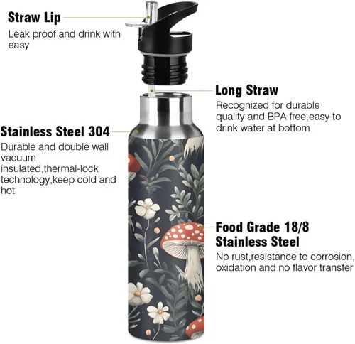 Miniatura 3 de Insulated Stainless Steel Water Bottle with Straw 20 Oz, BPA-Free Sport Water Bottle for Gym Outdoor Travel School, Red Mushrooms White Flowers