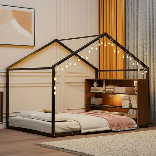 Miniatura 3 de Cama juguetona en forma de casa de tamaño matrimonial con estantes y luces, marco de cama de metal con techo para niños, adolescentes y adultos, un