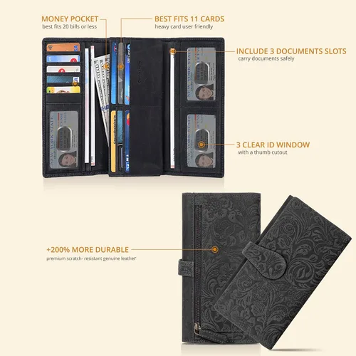 Miniatura 2 de Cartera de cuero genuino para mujer de cuero con bloqueo RFID - Tarjetero triple de diseñador para damas tipo clutch con ventana de identificación