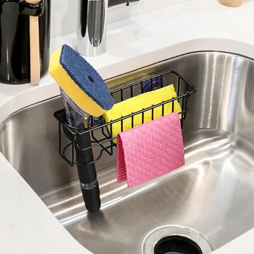 Miniatura 6 de Soporte de esponja 3 en 1 para fregadero de cocina, 2 opciones de suspensión (ventosas y gancho adhesivo), organizador de fregadero colgante