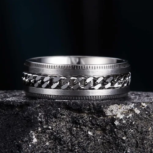 Miniatura 128 de King Will - Anillo antiestrés de acero inoxidable 316L para hombres y mujeres, con cadena decorativa giratoria, 8 mm de ancho, anillo de boda