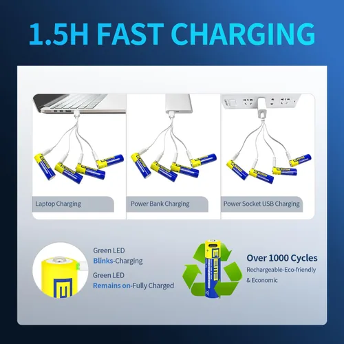 Miniatura 3 de EEMB Paquete de 12 baterías AA recargables AA de 1.5 V, baterías de litio AA USB 4 en 1 USB tipo C, batería de repuesto de cable de carga de 2600