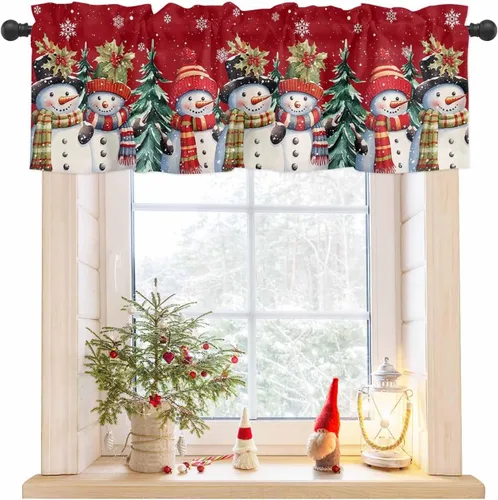 Miniatura 8 de Cenefa de Navidad para ventanas, cortinas de muñeco de nieve, cenefas con bolsillo para barra, tratamientos de ventana, cortinas cortas azules