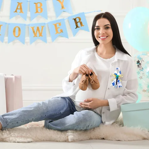 Miniatura 5 de Jexine 50 piezas de broche con lazo para baby shower, broche de cinta con chupete azul y oso para decoración de fiesta de revelación de género