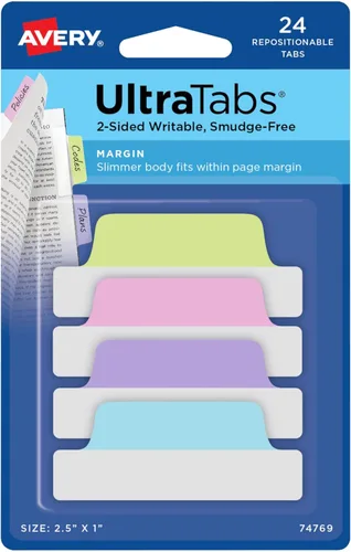 Miniatura 12 de Avery, pestañas para margen Ultra, 2.5 pulgadas x 1 pulgada, escritura en ambos lados, varios metálicos, 24 pestañas de página reposicionables