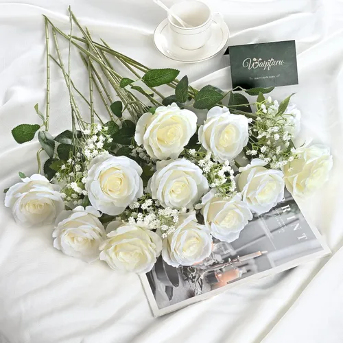 Miniatura 3 de Waipfaru 20 rosas blancas falsas de aliento de bebé, flores artificiales a granel, rosa blanca de seda con tallos largos para ramo de boda, jarrón