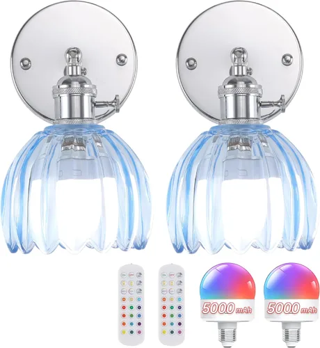 Miniatura 17 de Shenmoyl Candelabro de Pared Operado por Batería con Soporte de Cadena Ajustable, Patrón de Tulipán Verde, Vidrio con Diseño Retro en Oro, Lámpara